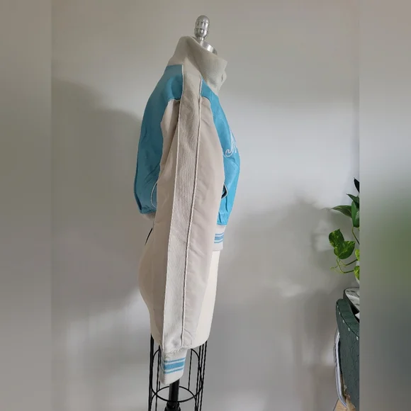 BNWT leather "Montreal" cropped bomber jacket in blue and cream vintage style - Picture 4 of 14